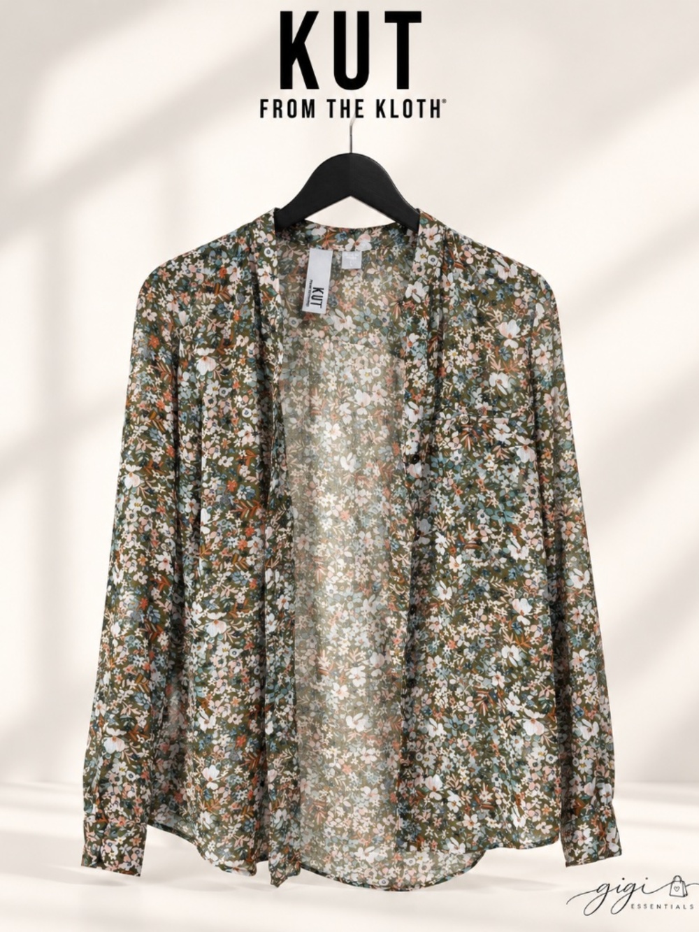 KUT From The Kloth Floral Button Front Shirt Olive Green Blouse L